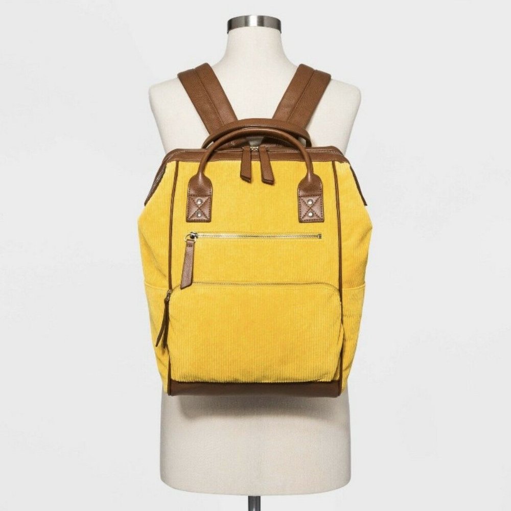 Corduroy  Backpack Zip Closure  Yellow - Picture 4 of 8